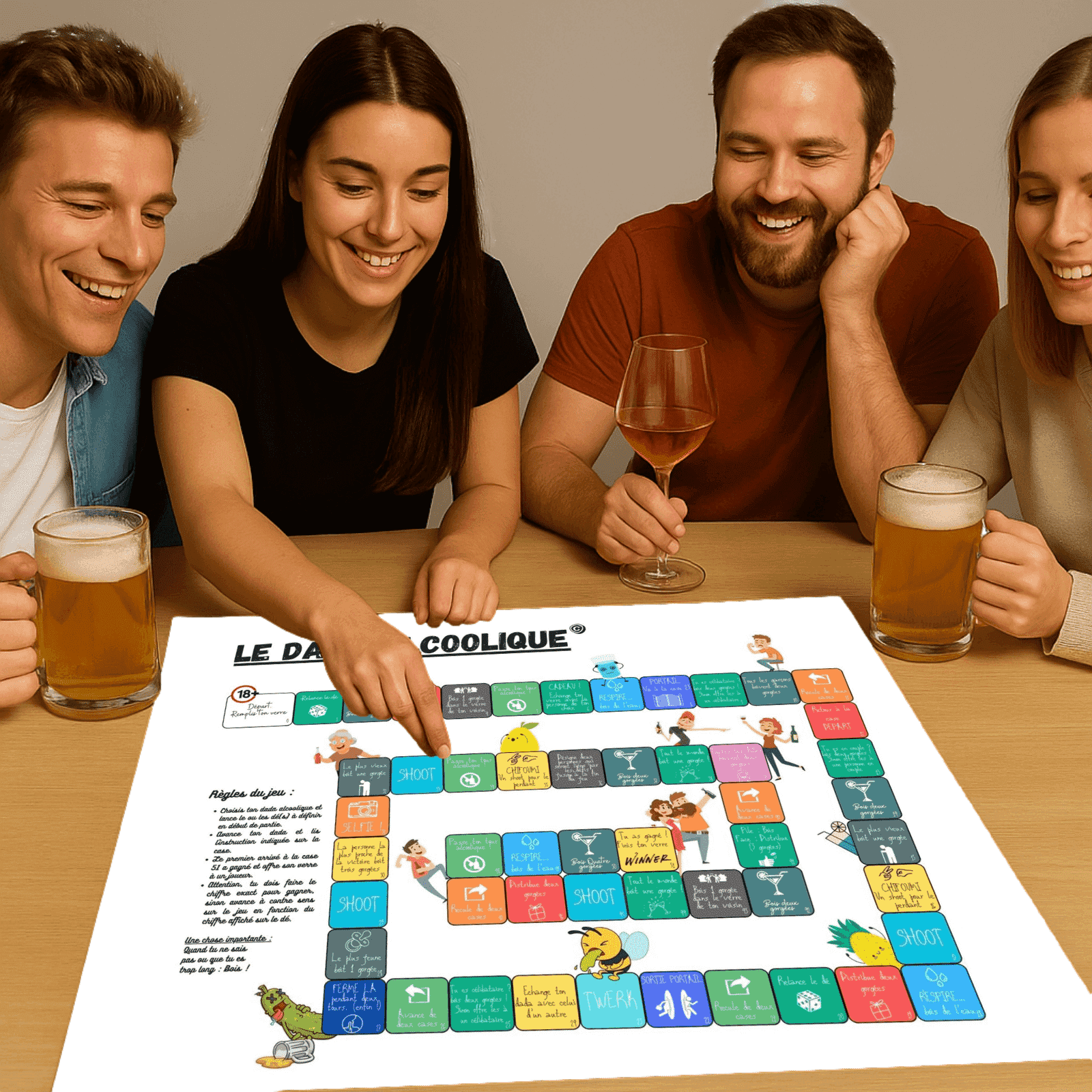Groupe d'amis jouant au jeu Le Dada Alcoolique autour d'une table, avec bières et verres de vin.
